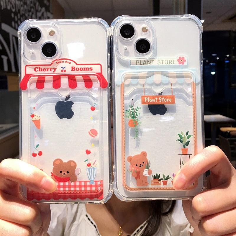 Cute Wallet Card Pocket Holder Phone Case For iPhone 14 Pro Max 13 12 11 X XR XS 7 8 Plus Transparent Shockproof Bear Fun Animal Design Transparent Soft Protective Clear Case Compatible for iPhone