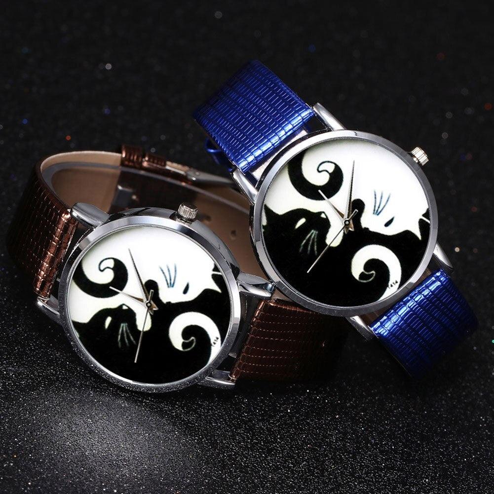 Cute White And Black Cats Couple Watches With PU Leather Strap And Round Dial Quartz Watches For Women Cat Dial With Stainless Steel Mesh Band Genuine Leather Strap Comfortable Ladies Wristwatch