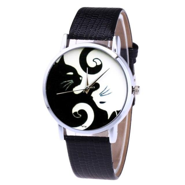 Cute White And Black Cats Couple Watches With PU Leather Strap And Round Dial Quartz Watches For Women Cat Dial With Stainless Steel Mesh Band Genuine Leather Strap Comfortable Ladies Wristwatch