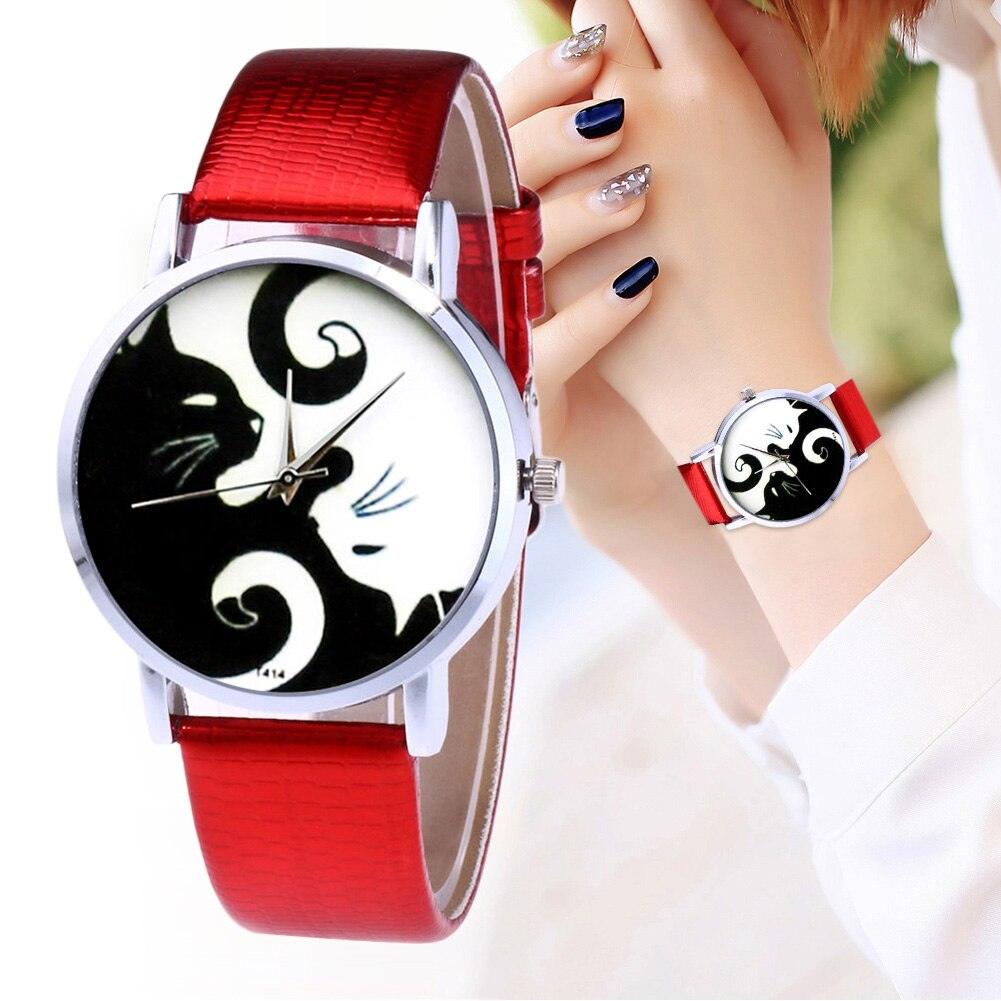 Cute White And Black Cats Couple Watches With PU Leather Strap And Round Dial Quartz Watches For Women Cat Dial With Stainless Steel Mesh Band Genuine Leather Strap Comfortable Ladies Wristwatch