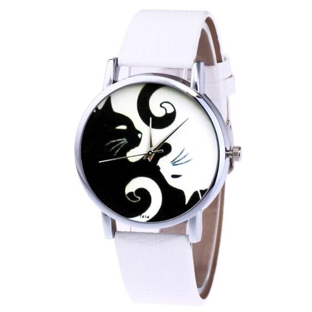 Cute White And Black Cats Couple Watches With PU Leather Strap And Round Dial Quartz Watches For Women Cat Dial With Stainless Steel Mesh Band Genuine Leather Strap Comfortable Ladies Wristwatch