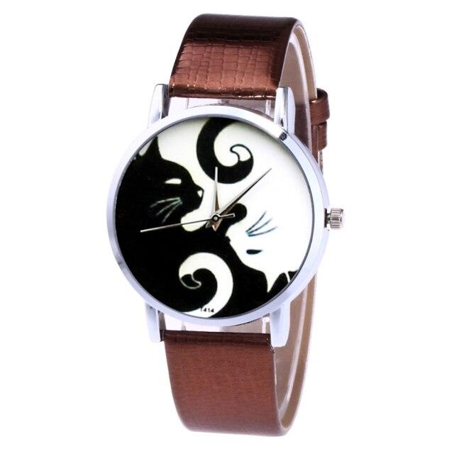 Cute White And Black Cats Couple Watches With PU Leather Strap And Round Dial Quartz Watches For Women Cat Dial With Stainless Steel Mesh Band Genuine Leather Strap Comfortable Ladies Wristwatch