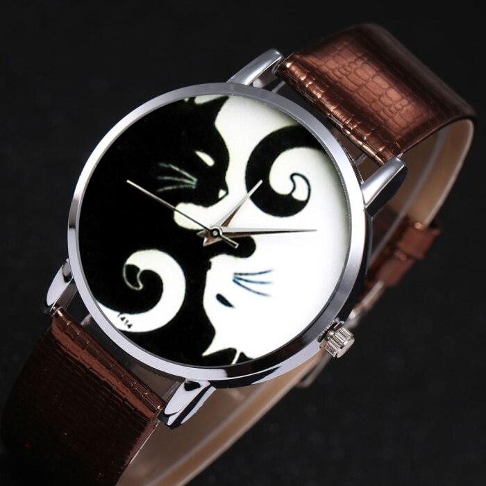 Cute White And Black Cats Couple Watches With PU Leather Strap And Round Dial Quartz Watches For Women Cat Dial With Stainless Steel Mesh Band Genuine Leather Strap Comfortable Ladies Wristwatch