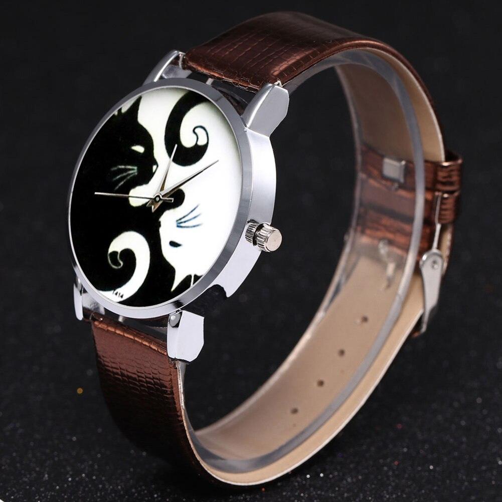 Cute White And Black Cats Couple Watches With PU Leather Strap And Round Dial Quartz Watches For Women Cat Dial With Stainless Steel Mesh Band Genuine Leather Strap Comfortable Ladies Wristwatch