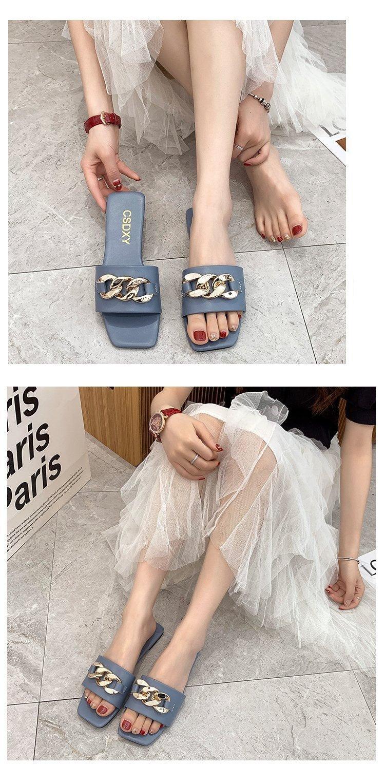 Cute Women Summer Slipper Square Toe Chain Slippers Slip On Flat Slide Sandals Beach Flip Flops Casual Shoe Sandals With Square Open Toe Slip On Comfy Slides Sandals Casual Shoes Summer Low Heeled