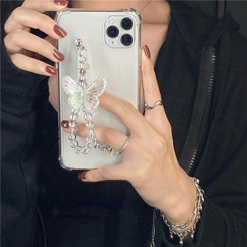 Cute Wrist Strap Butterfly Pendant Phone Case For iPhone 13 12 14Pro Max 8 7 Plus Cases For iPhone 11 Pro Max Elegant Butterfly Theme Transparent Soft Silicone Rubber Phone Case for iPhone