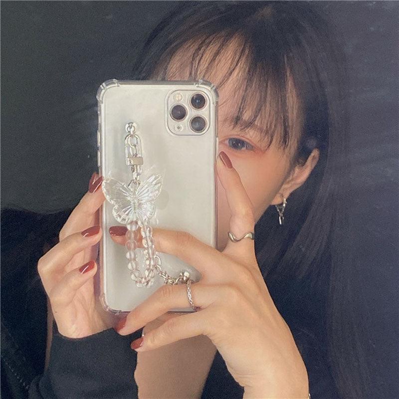 Cute Wrist Strap Butterfly Pendant Phone Case For iPhone 13 12 14Pro Max 8 7 Plus Cases For iPhone 11 Pro Max Elegant Butterfly Theme Transparent Soft Silicone Rubber Phone Case for iPhone