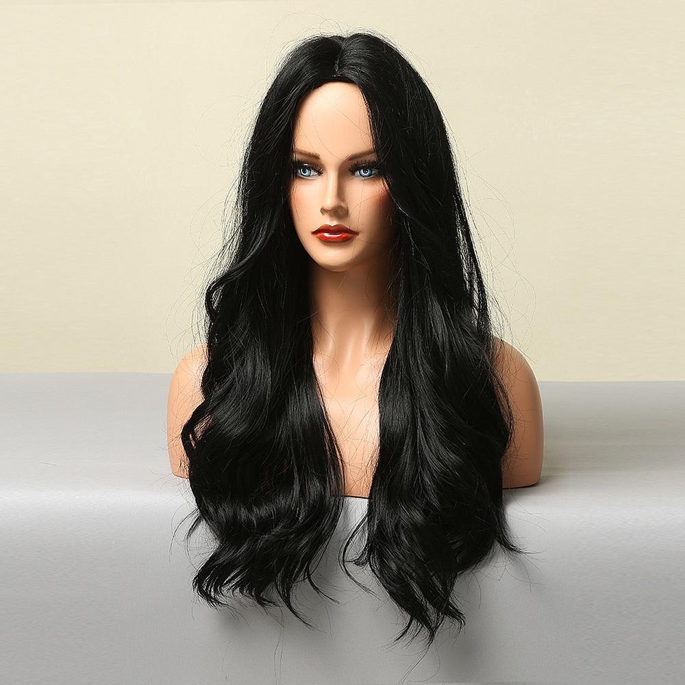 Dark Black Natural Long Wave Synthetic Hair Wigs Middle Part Heat Resistant Wigs for Afro American Women Daily Cosplay Party Use Wigs For Black Women Cosplay Wigs For Women