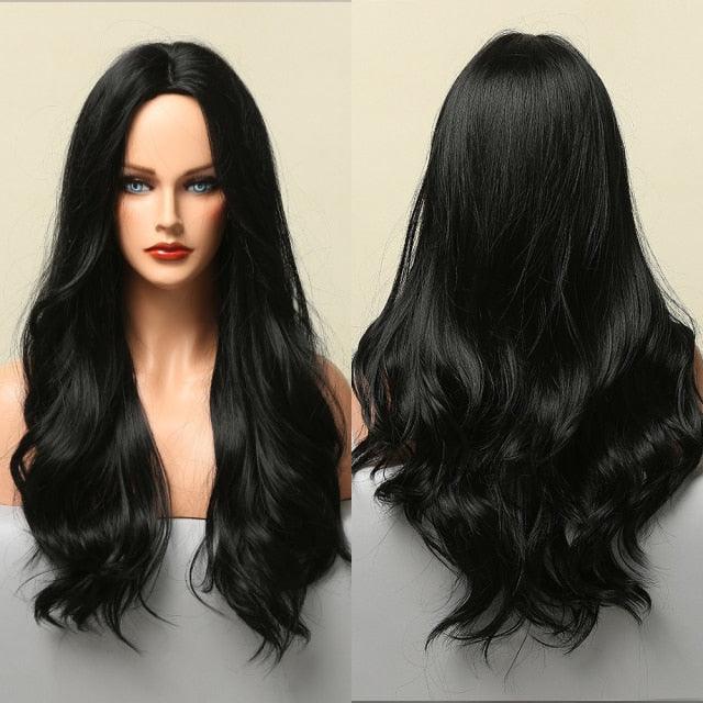 Dark Black Natural Long Wave Synthetic Hair Wigs Middle Part Heat Resistant Wigs for Afro American Women Daily Cosplay Party Use Wigs For Black Women Cosplay Wigs For Women