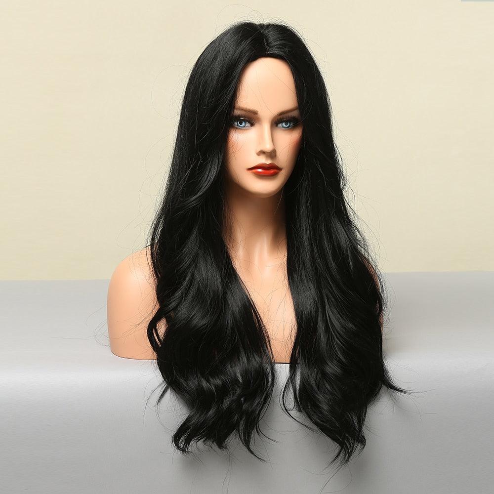 Dark Black Natural Long Wave Synthetic Hair Wigs Middle Part Heat Resistant Wigs for Afro American Women Daily Cosplay Party Use Wigs For Black Women Cosplay Wigs For Women