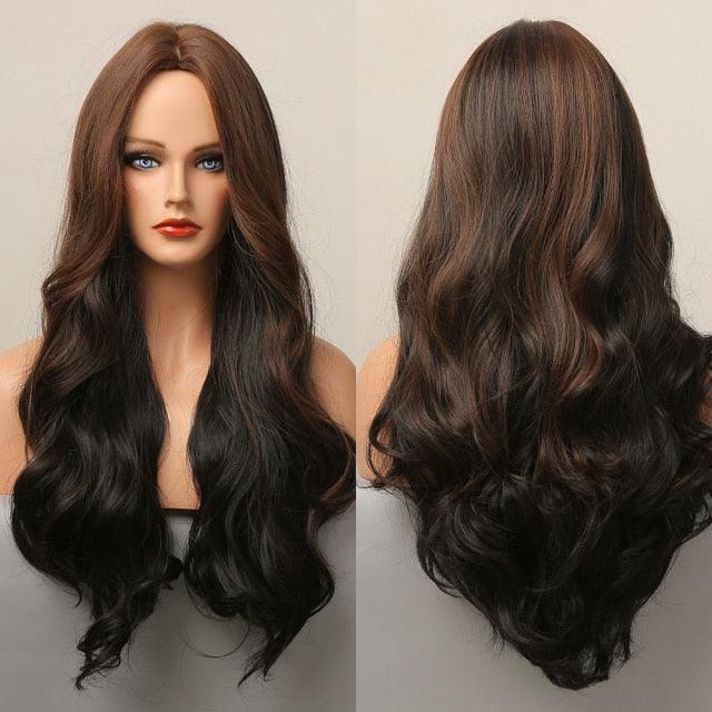 Dark Black Natural Long Wave Synthetic Hair Wigs Middle Part Heat Resistant Wigs for Afro American Women Daily Cosplay Party Use Wigs For Black Women Cosplay Wigs For Women