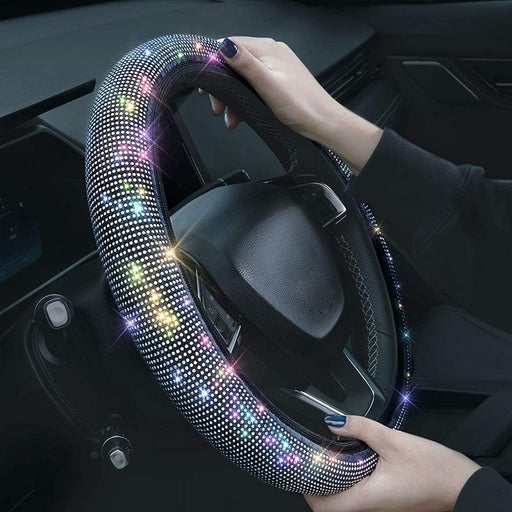 Diamond Leather Steering Wheel Cover Rhinestones Steering Wheel Cover With Crystal Breathable Anti-Slip Steering Wheel Protector Diamond Sparkling Car Steering Wheel Protector Vehicle Car Bling Steering Wheel Cover for Women Girls