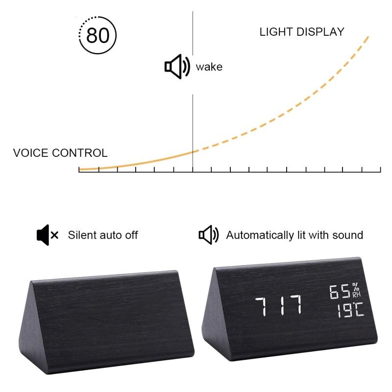 Digital Clock LED Wooden Alarm Clock Digital Alarm Clock with Wooden Electronic LED Time Display 3 Alarm Settings Humidity & Temperature Detect Wood Made Electric Clocks Table Sound Control Electronic Clocks Desktop USB/AAA Powered Home Table Decor