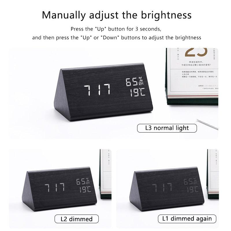 Digital Clock LED Wooden Alarm Clock Digital Alarm Clock with Wooden Electronic LED Time Display 3 Alarm Settings Humidity & Temperature Detect Wood Made Electric Clocks Table Sound Control Electronic Clocks Desktop USB/AAA Powered Home Table Decor