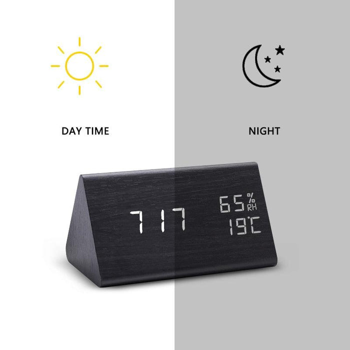 Digital Clock LED Wooden Alarm Clock Digital Alarm Clock with Wooden Electronic LED Time Display 3 Alarm Settings Humidity & Temperature Detect Wood Made Electric Clocks Table Sound Control Electronic Clocks Desktop USB/AAA Powered Home Table Decor