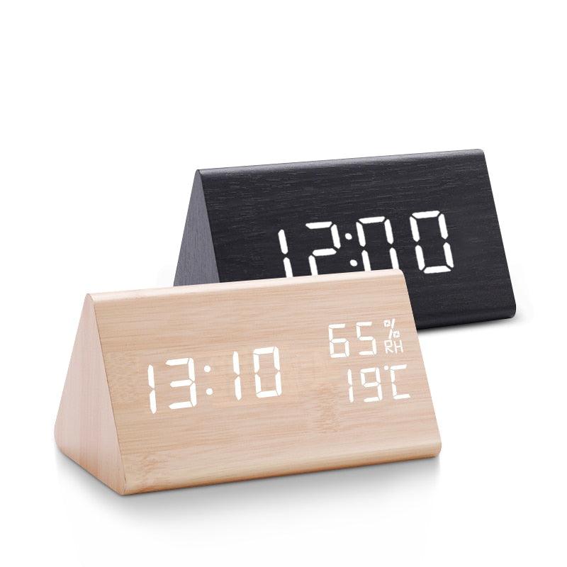 Digital Clock LED Wooden Alarm Clock Digital Alarm Clock with Wooden Electronic LED Time Display 3 Alarm Settings Humidity & Temperature Detect Wood Made Electric Clocks Table Sound Control Electronic Clocks Desktop USB/AAA Powered Home Table Decor