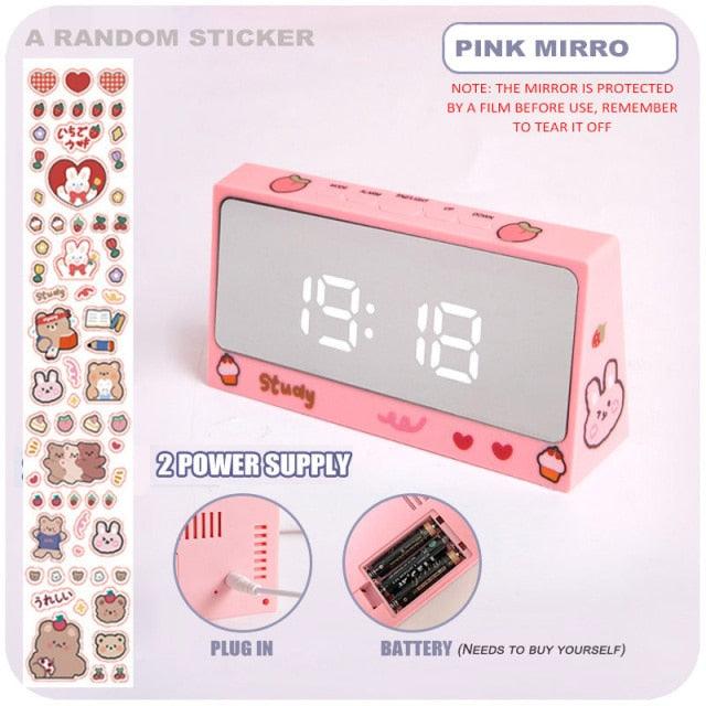 Digital Clock Table Clock Snooze Alarm Cute Silent Mirror Clock Student Desktop Mirror Surface LED Alarm Clock with USB Charger 12/24H Easy Snooze Function Adjustable Brightness Alarm Clocks for Bedroom LED Clock Electronic Clock for Children