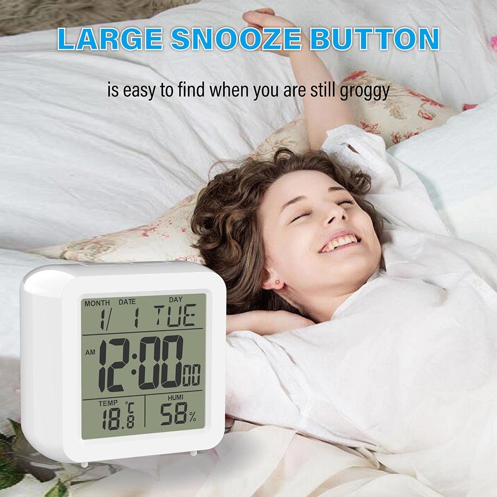 Digital Desktop LCD Snooze Calendar Alarm clock Digital Desktop Clock Electronic Digital Alarm Clocks for Bedroom Home Decor LCD Screen with Time/Calendar/Temperature Display White Bedroom Watch with Thermometer & Hygrometer for Home  Battery Operated