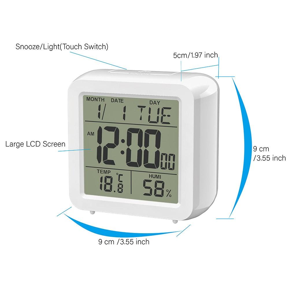 Digital Desktop LCD Snooze Calendar Alarm clock Digital Desktop Clock Electronic Digital Alarm Clocks for Bedroom Home Decor LCD Screen with Time/Calendar/Temperature Display White Bedroom Watch with Thermometer & Hygrometer for Home  Battery Operated