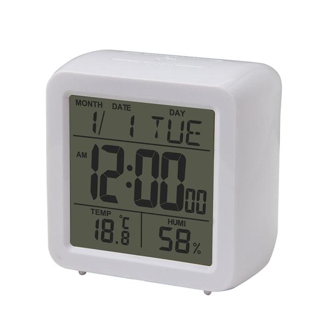 Digital Desktop LCD Snooze Calendar Alarm clock Digital Desktop Clock Electronic Digital Alarm Clocks for Bedroom Home Decor LCD Screen with Time/Calendar/Temperature Display White Bedroom Watch with Thermometer & Hygrometer for Home  Battery Operated