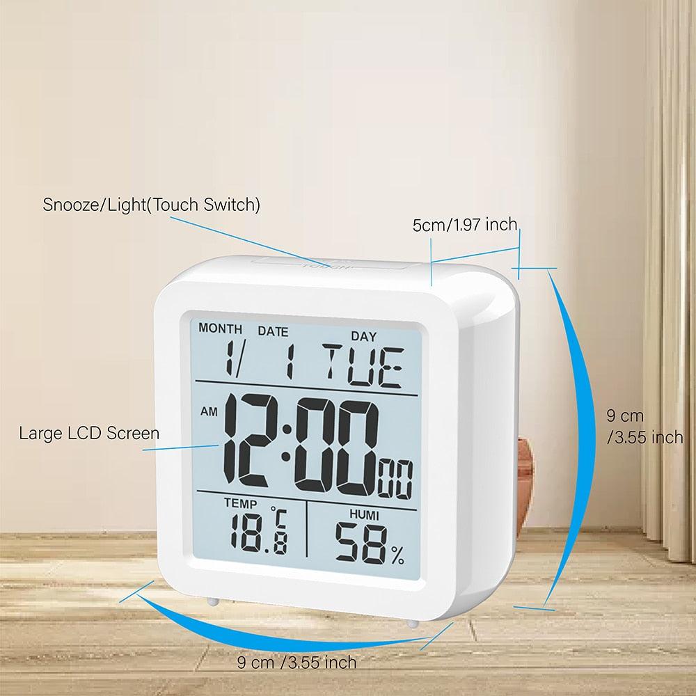 Digital Desktop LCD Snooze Calendar Alarm clock Digital Desktop Clock Electronic Digital Alarm Clocks for Bedroom Home Decor LCD Screen with Time/Calendar/Temperature Display White Bedroom Watch with Thermometer & Hygrometer for Home  Battery Operated