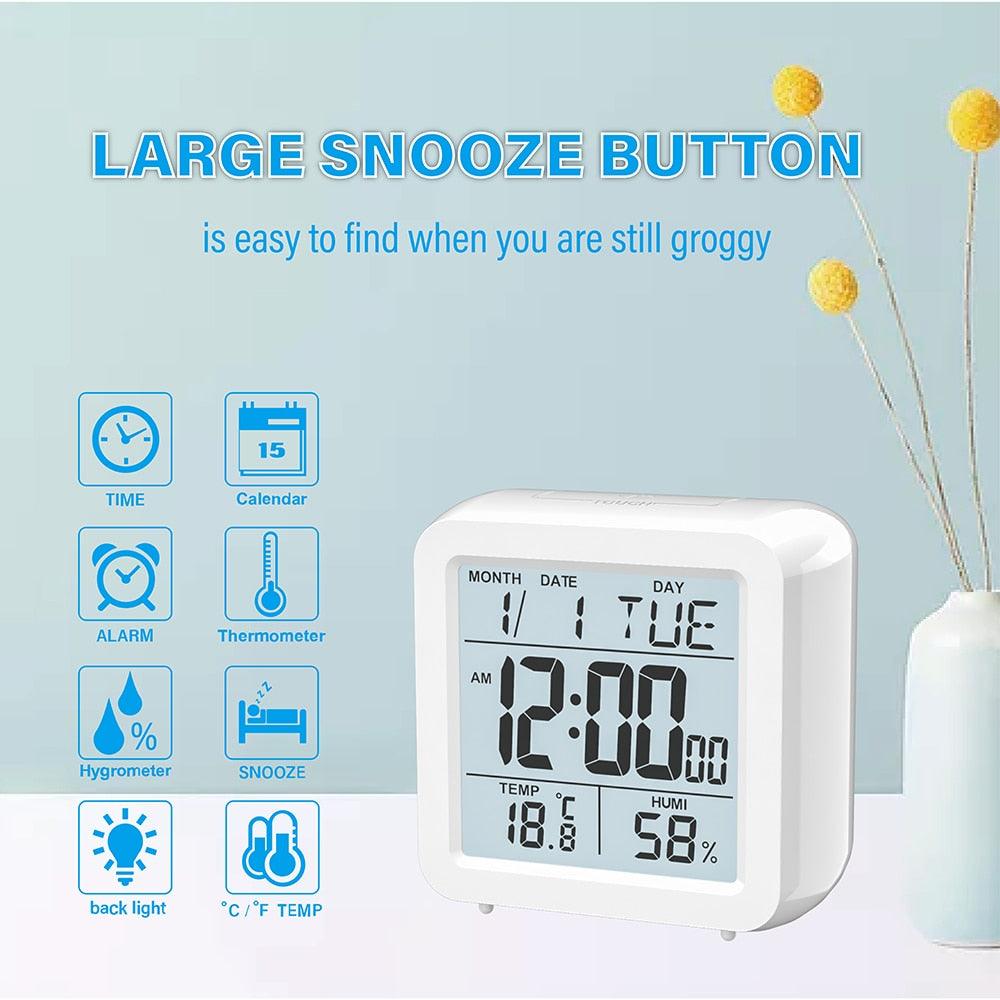 Digital Desktop LCD Snooze Calendar Alarm clock Digital Desktop Clock Electronic Digital Alarm Clocks for Bedroom Home Decor LCD Screen with Time/Calendar/Temperature Display White Bedroom Watch with Thermometer & Hygrometer for Home  Battery Operated