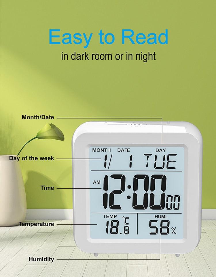 Digital Desktop LCD Snooze Calendar Alarm clock Digital Desktop Clock Electronic Digital Alarm Clocks for Bedroom Home Decor LCD Screen with Time/Calendar/Temperature Display White Bedroom Watch with Thermometer & Hygrometer for Home  Battery Operated