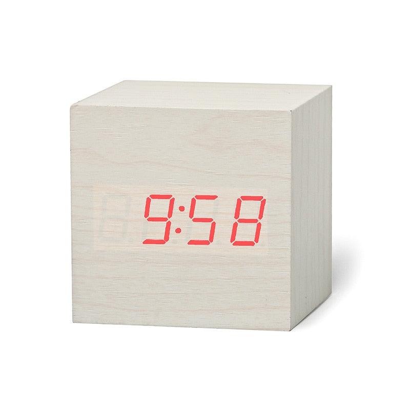 Digital Wooden LED Alarm Clock Wood Retro Glow Clock Digital Alarm Clock, with Wooden Electronic LED Time Display 3 Dual Plus Alarm Cubic Small Mini Wood Made Electric Clocks for Desktop Table Decor Voice Control Snooze Function Desk Tools