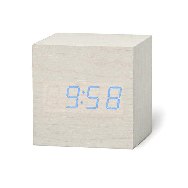 Digital Wooden LED Alarm Clock Wood Retro Glow Clock Digital Alarm Clock, with Wooden Electronic LED Time Display 3 Dual Plus Alarm Cubic Small Mini Wood Made Electric Clocks for Desktop Table Decor Voice Control Snooze Function Desk Tools