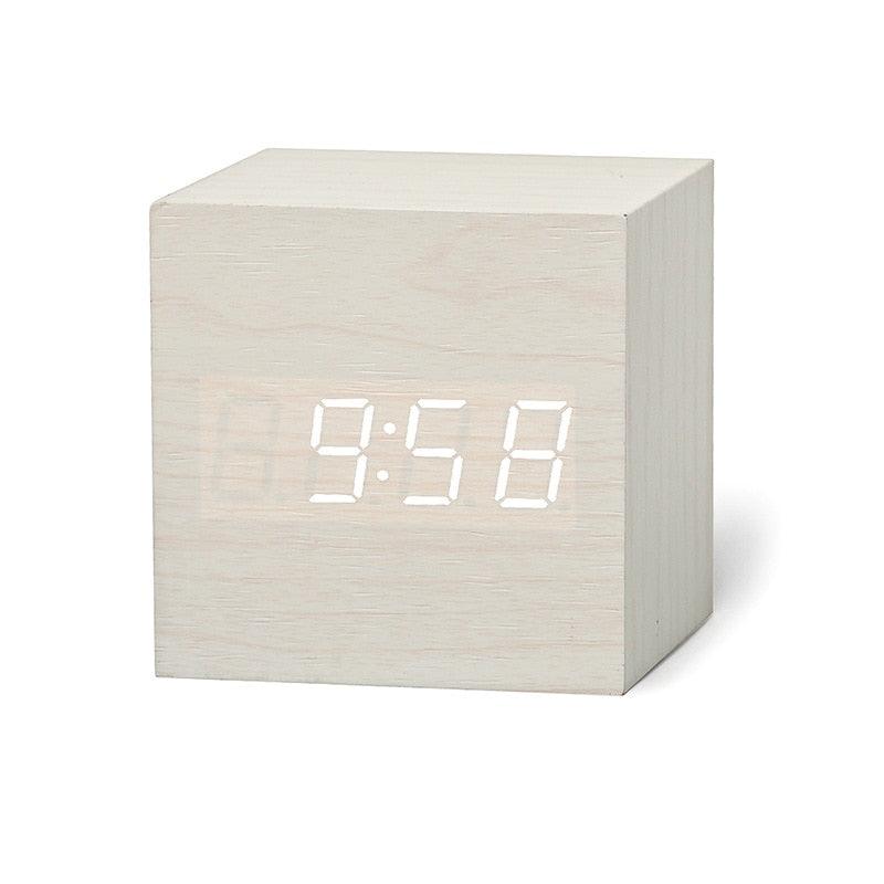 Digital Wooden LED Alarm Clock Wood Retro Glow Clock Digital Alarm Clock, with Wooden Electronic LED Time Display 3 Dual Plus Alarm Cubic Small Mini Wood Made Electric Clocks for Desktop Table Decor Voice Control Snooze Function Desk Tools