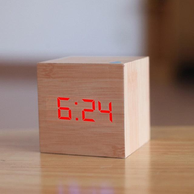 Digital Wooden LED Alarm Clock Wood Retro Glow Clock Digital Alarm Clock, with Wooden Electronic LED Time Display 3 Dual Plus Alarm Cubic Small Mini Wood Made Electric Clocks for Desktop Table Decor Voice Control Snooze Function Desk Tools