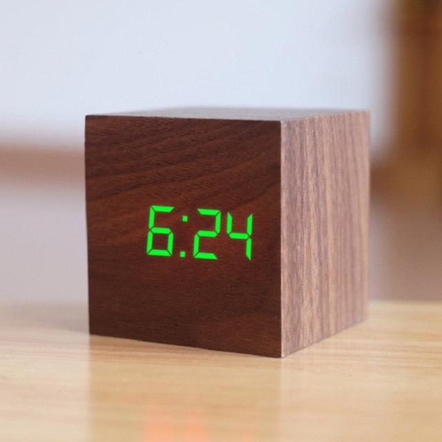 Digital Wooden LED Alarm Clock Wood Retro Glow Clock Digital Alarm Clock, with Wooden Electronic LED Time Display 3 Dual Plus Alarm Cubic Small Mini Wood Made Electric Clocks for Desktop Table Decor Voice Control Snooze Function Desk Tools