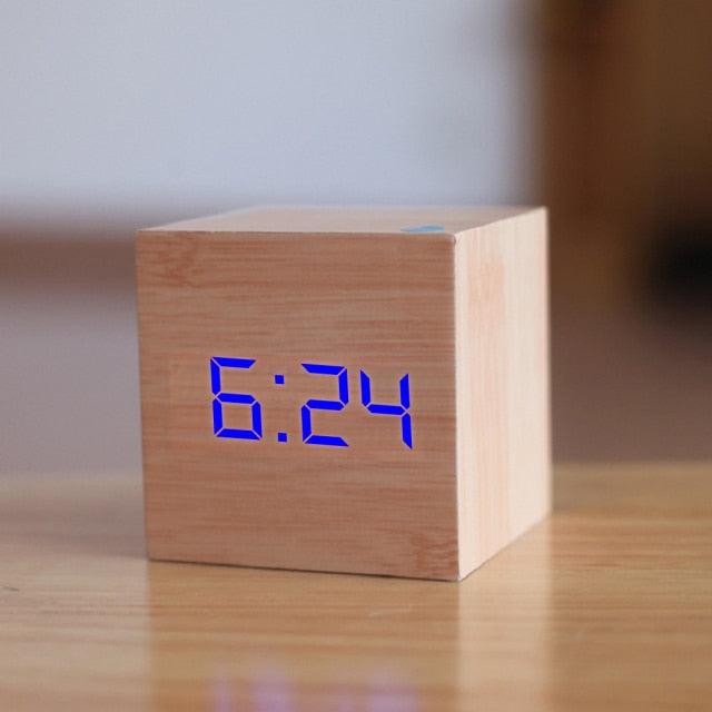 Digital Wooden LED Alarm Clock Wood Retro Glow Clock Digital Alarm Clock, with Wooden Electronic LED Time Display 3 Dual Plus Alarm Cubic Small Mini Wood Made Electric Clocks for Desktop Table Decor Voice Control Snooze Function Desk Tools