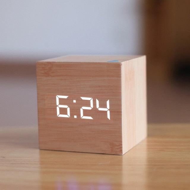 Digital Wooden LED Alarm Clock Wood Retro Glow Clock Digital Alarm Clock, with Wooden Electronic LED Time Display 3 Dual Plus Alarm Cubic Small Mini Wood Made Electric Clocks for Desktop Table Decor Voice Control Snooze Function Desk Tools