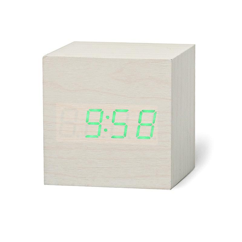 Digital Wooden LED Alarm Clock Wood Retro Glow Clock Digital Alarm Clock, with Wooden Electronic LED Time Display 3 Dual Plus Alarm Cubic Small Mini Wood Made Electric Clocks for Desktop Table Decor Voice Control Snooze Function Desk Tools