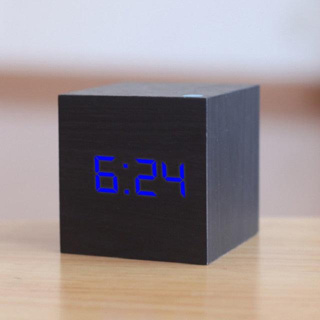 Digital Wooden LED Alarm Clock Wood Retro Glow Clock Digital Alarm Clock, with Wooden Electronic LED Time Display 3 Dual Plus Alarm Cubic Small Mini Wood Made Electric Clocks for Desktop Table Decor Voice Control Snooze Function Desk Tools