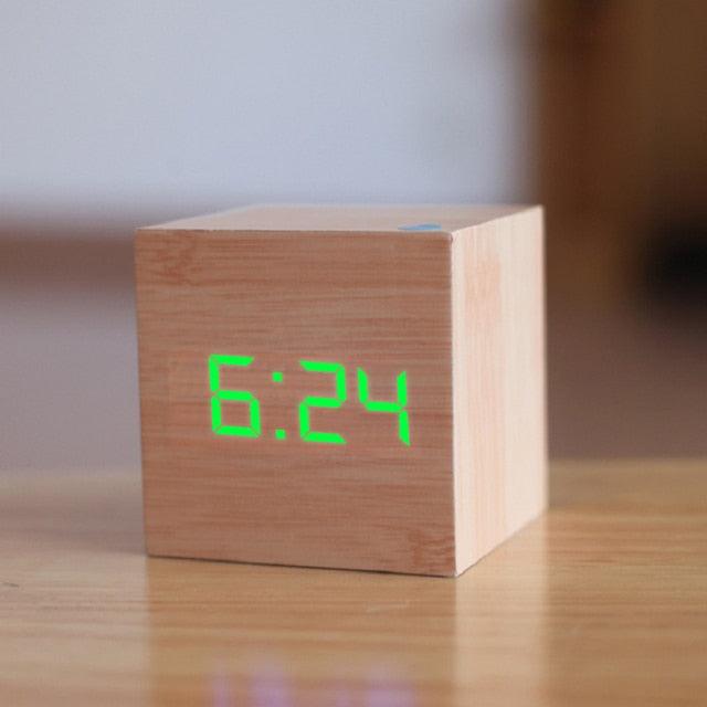 Digital Wooden LED Alarm Clock Wood Retro Glow Clock Digital Alarm Clock, with Wooden Electronic LED Time Display 3 Dual Plus Alarm Cubic Small Mini Wood Made Electric Clocks for Desktop Table Decor Voice Control Snooze Function Desk Tools