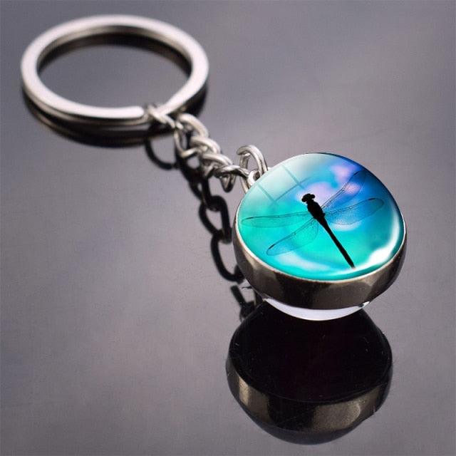 Double Side Glass Ball Animal Keychain Transparent Glass Beads Pendant Tiger Wolf Fox Lion Key Chain Black Cat Horse Moon Key Ring Pendant Charm Bag Key Chain Holder Glass Ball Key Chain Pendant Glow in The Dark