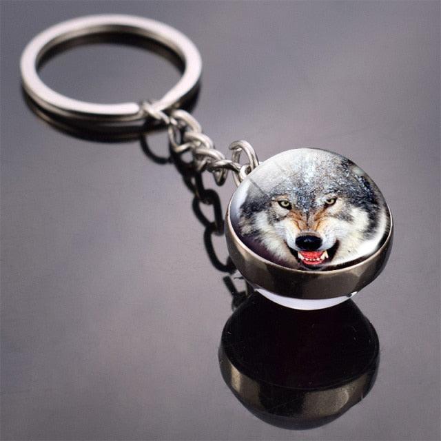 Double Side Glass Ball Animal Keychain Transparent Glass Beads Pendant Tiger Wolf Fox Lion Key Chain Black Cat Horse Moon Key Ring Pendant Charm Bag Key Chain Holder Glass Ball Key Chain Pendant Glow in The Dark