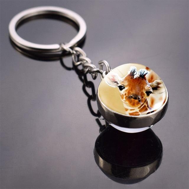 Double Side Glass Ball Animal Keychain Transparent Glass Beads Pendant Tiger Wolf Fox Lion Key Chain Black Cat Horse Moon Key Ring Pendant Charm Bag Key Chain Holder Glass Ball Key Chain Pendant Glow in The Dark