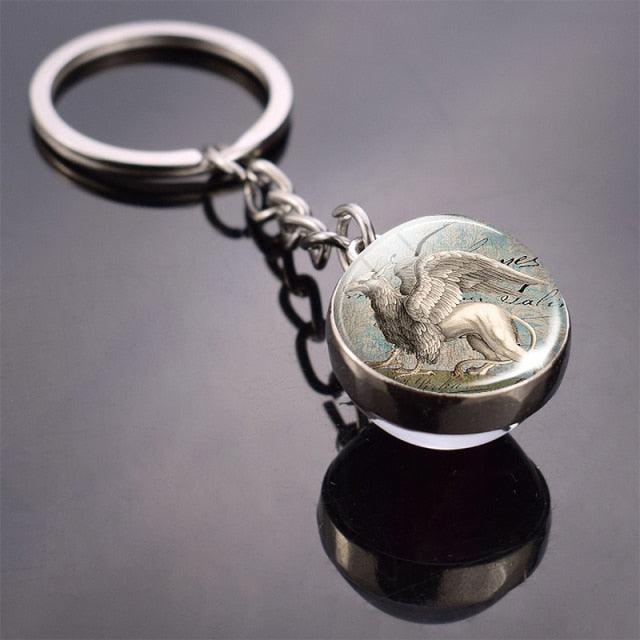 Double Side Glass Ball Animal Keychain Transparent Glass Beads Pendant Tiger Wolf Fox Lion Key Chain Black Cat Horse Moon Key Ring Pendant Charm Bag Key Chain Holder Glass Ball Key Chain Pendant Glow in The Dark