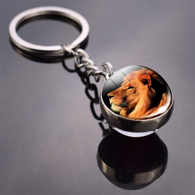 Double Side Glass Ball Animal Keychain Transparent Glass Beads Pendant Tiger Wolf Fox Lion Key Chain Black Cat Horse Moon Key Ring Pendant Charm Bag Key Chain Holder Glass Ball Key Chain Pendant Glow in The Dark