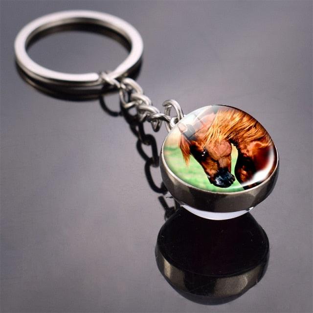 Double Side Glass Ball Animal Keychain Transparent Glass Beads Pendant Tiger Wolf Fox Lion Key Chain Black Cat Horse Moon Key Ring Pendant Charm Bag Key Chain Holder Glass Ball Key Chain Pendant Glow in The Dark