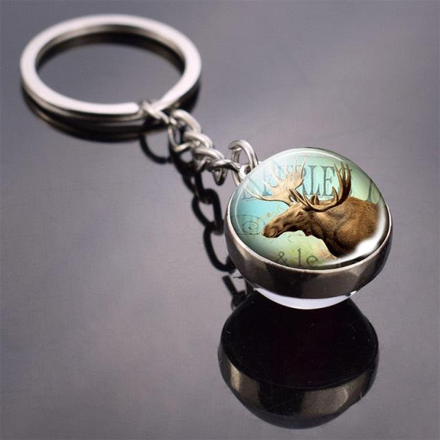 Double Side Glass Ball Animal Keychain Transparent Glass Beads Pendant Tiger Wolf Fox Lion Key Chain Black Cat Horse Moon Key Ring Pendant Charm Bag Key Chain Holder Glass Ball Key Chain Pendant Glow in The Dark