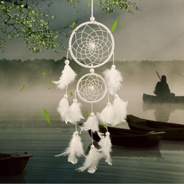 Dream Catcher Room Decor Feather Weaving Catching Up The Dream Angle Dreamcatcher Wind Chimes Indian Style Religious Mascot Dream Catcher for Bedroom, Handmade White Gold Feather Flowers Dream Catchers For Girls Kids Nursery Bedroom Wall Decor Festival