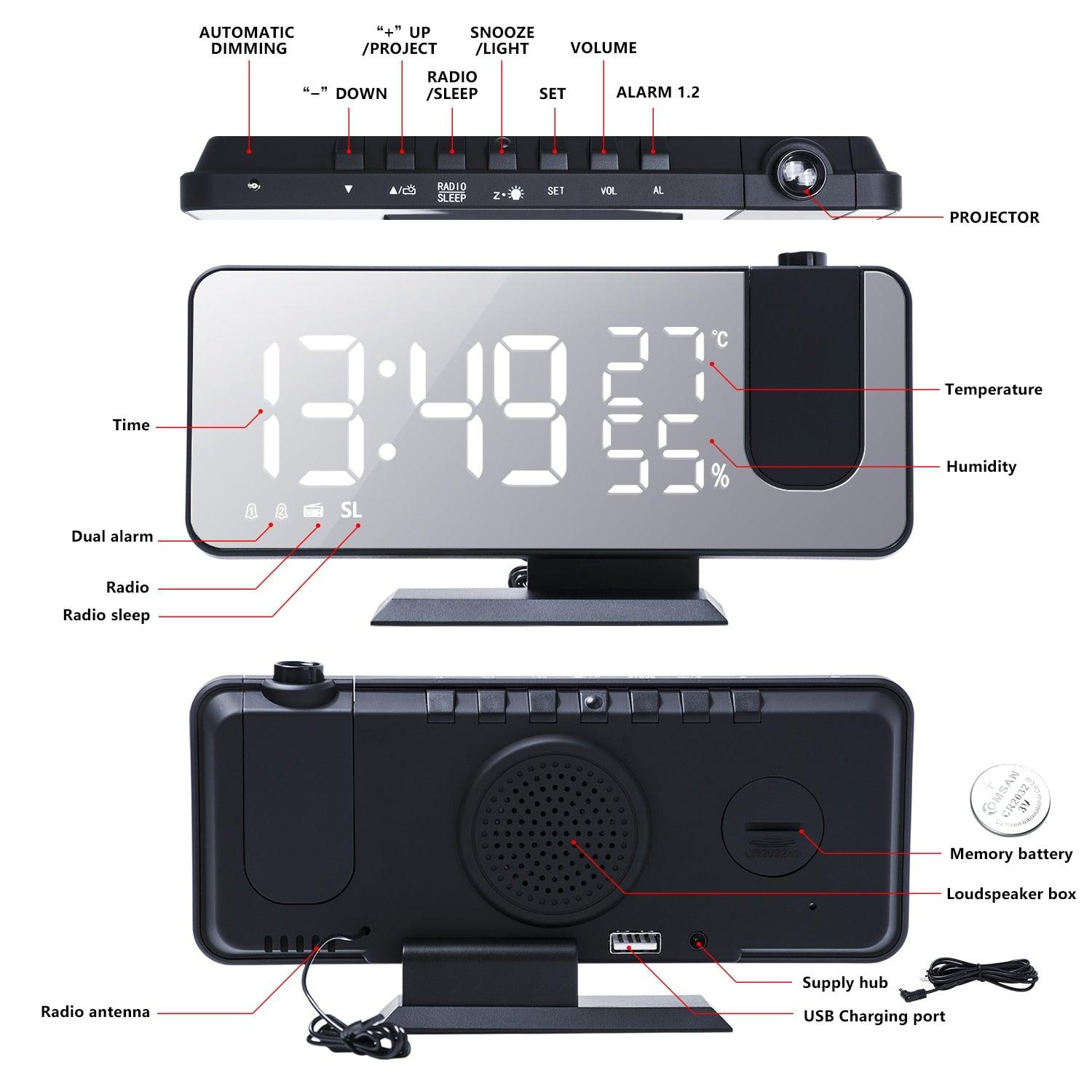 Dual Loud Smart Alarm Clock Projection for Bedroom Radio Digital Alarm Clock Projection Digital Alarm Clock for Bedrooms Radio Alarm Clock with Projection on Ceiling Dual Alarms with USB Charger Large Mirror LED Display