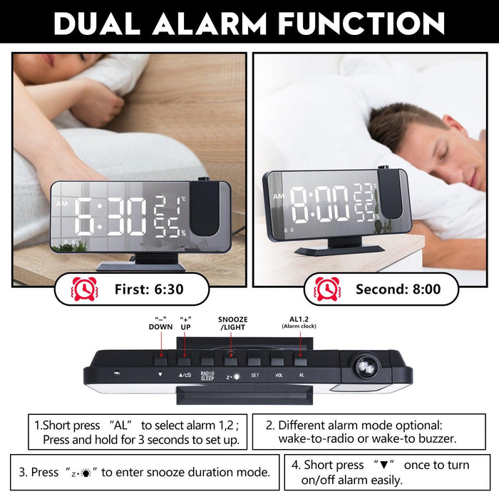 Dual Loud Smart Alarm Clock Projection for Bedroom Radio Digital Alarm Clock Projection Digital Alarm Clock for Bedrooms Radio Alarm Clock with Projection on Ceiling Dual Alarms with USB Charger Large Mirror LED Display