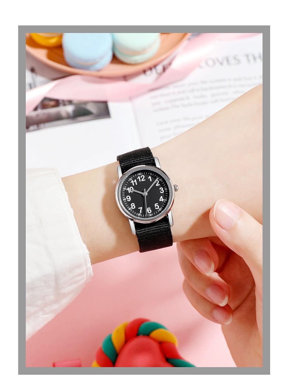 Easy To Read Quartz Watches Nylon Strap Sweat Proof Movement Analog Watch For Girls Boys Teens Minimalist Wrist Watch With Soft Band Learning Time Watch First Watch Soft Cloth Strap