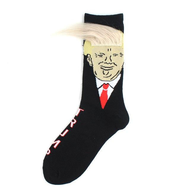 Election Spoof Funny President Donald Trump Socks With 3D Fake Hair Funny Crew Socks Unisex Compression Socks Streetwear Hip Hop Style Socks For Men And Women