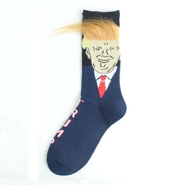 Election Spoof Funny President Donald Trump Socks With 3D Fake Hair Funny Crew Socks Unisex Compression Socks Streetwear Hip Hop Style Socks For Men And Women